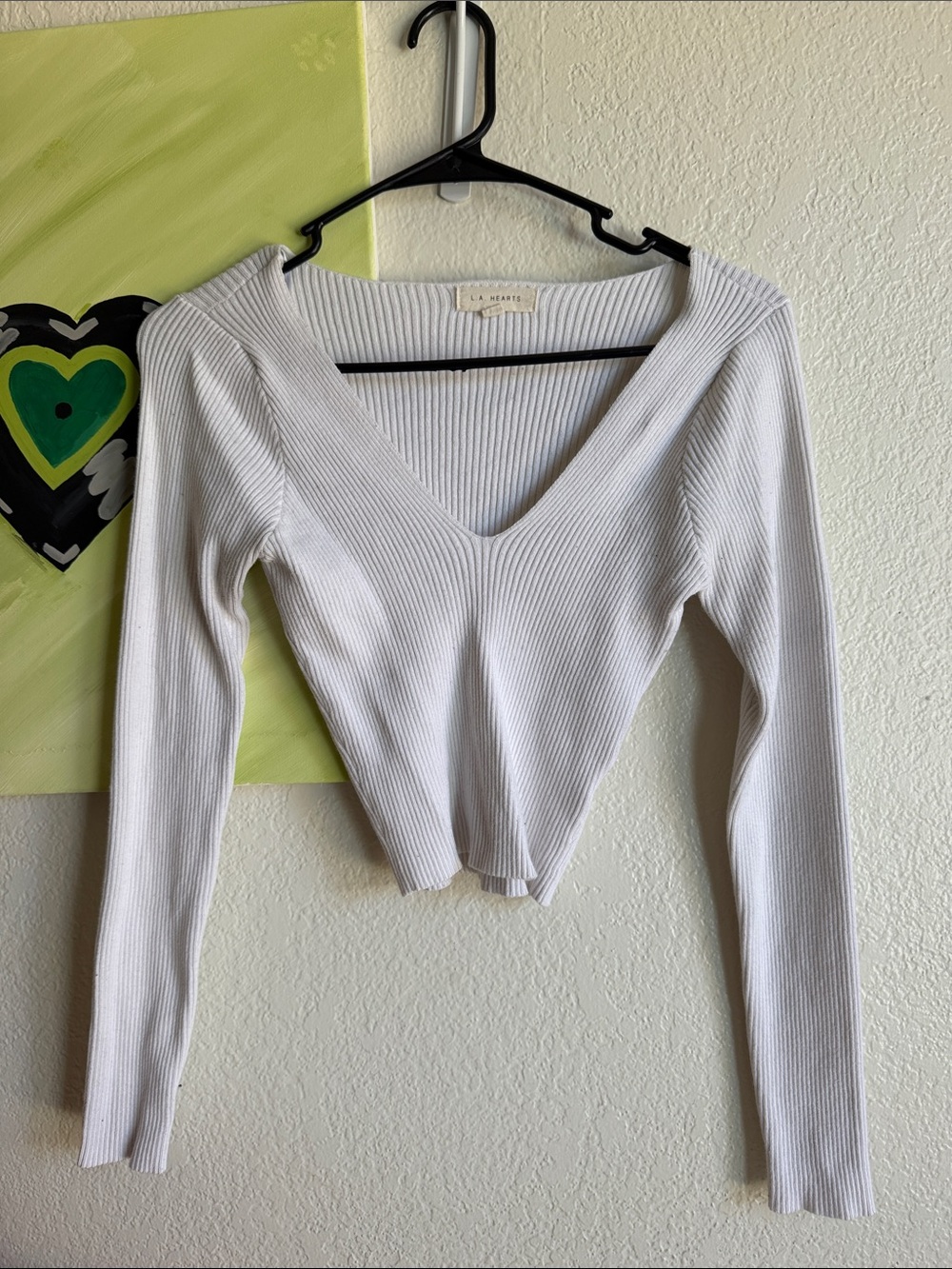 PacSun La Hearts White Ribbed V-Neck Long Sleeve Crop Top